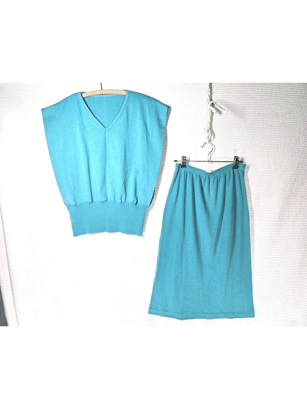 Vintage 1980s Knit Dress Set Teal Blue Wing Shoulder Top & Rib Skirt L XL Retro